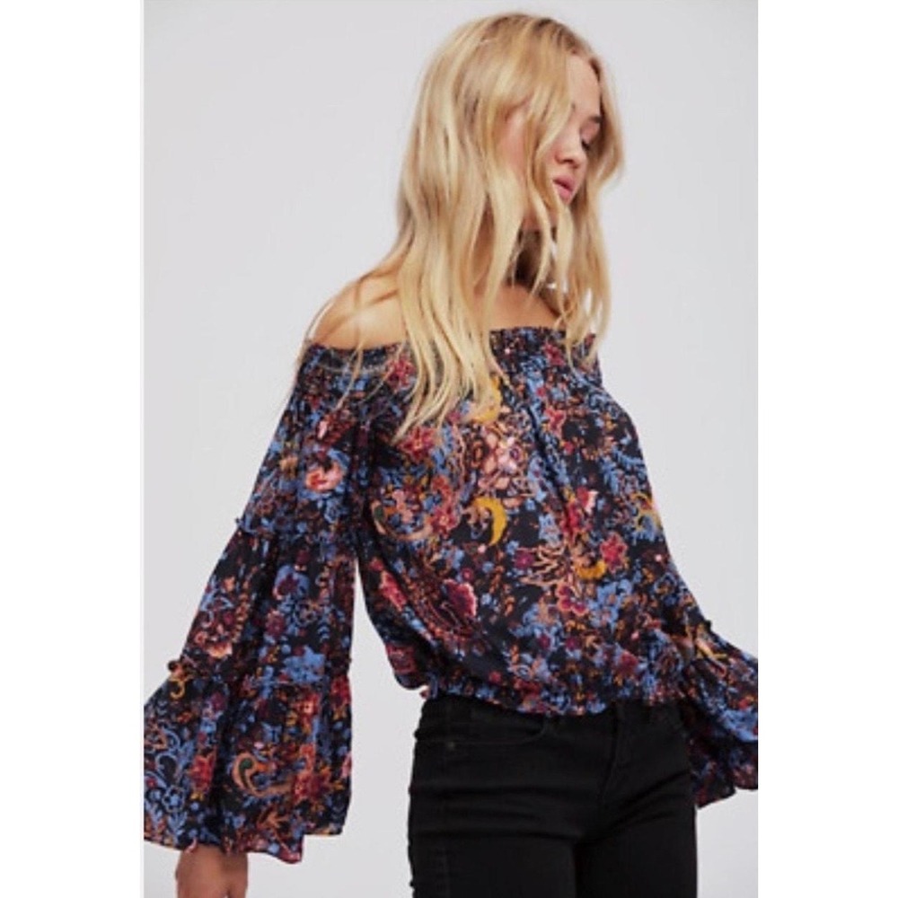 Free People Free Spirit Printed Off-The-Shoulder Bell Sleeve Blouse Boho Large